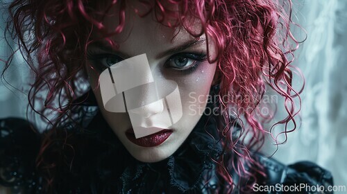 Image of Adult White Woman with Pink Curly Hair Goth style Illustration.