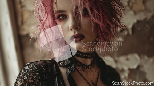 Image of Adult White Woman with Pink Curly Hair Goth style Illustration.