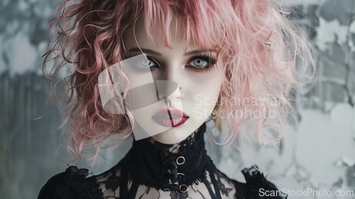 Image of Adult White Woman with Pink Curly Hair Goth style Illustration.