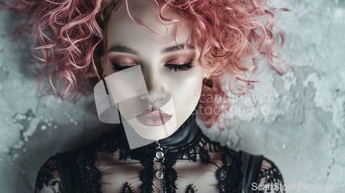 Image of Adult White Woman with Pink Curly Hair Goth style Illustration.