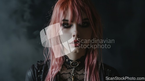 Image of Adult White Woman with Pink Straight Hair Goth style Illustration.