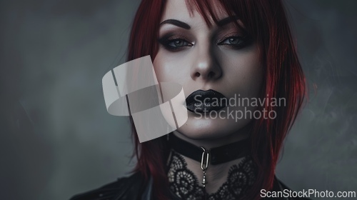 Image of Adult White Woman with Red Straight Hair Goth style Illustration.