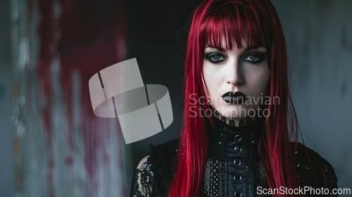 Image of Adult White Woman with Red Straight Hair Goth style Illustration.
