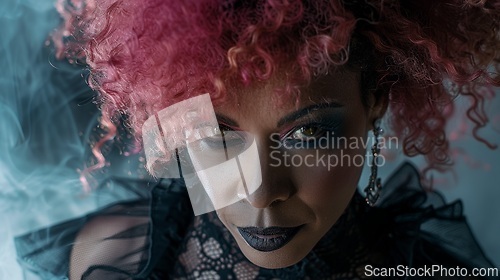 Image of Old Black Woman with Pink Curly Hair Goth style Illustration.