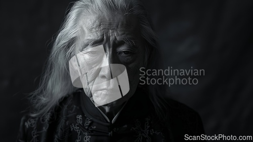 Image of Old Chinese Man with Blond Straight Hair Goth style Illustration.