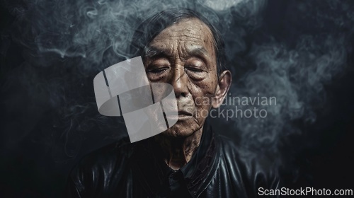 Image of Old Chinese Man with Brown Straight Hair Goth style Illustration.
