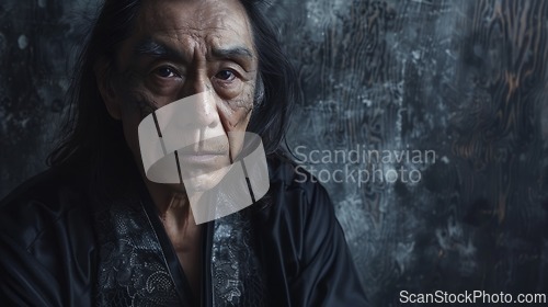 Image of Old Chinese Man with Brown Straight Hair Goth style Illustration.