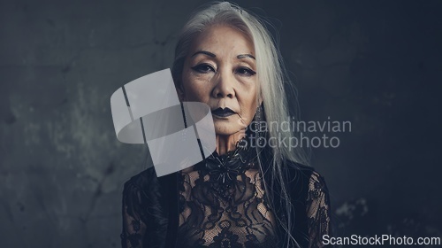 Image of Old Chinese Woman with Blond Straight Hair Goth style Illustration.