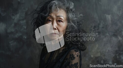 Image of Old Chinese Woman with Brown Curly Hair Goth style Illustration.