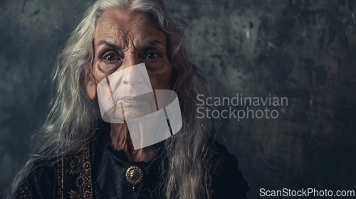 Image of Old Indian Woman with Blond Straight Hair Goth style Illustration.