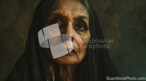 Image of Old Indian Woman with Brown Straight Hair Goth style Illustration.