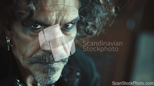 Image of Old Latino Man with Brown Curly Hair Goth style Illustration.