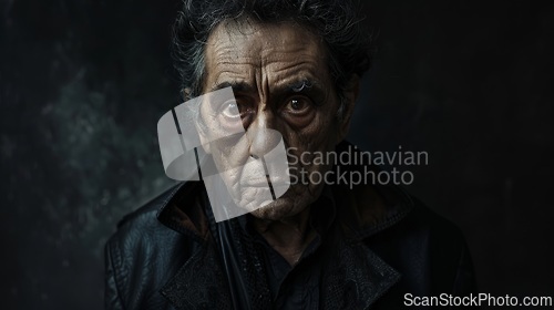 Image of Old Latino Man with Brown Curly Hair Goth style Illustration.