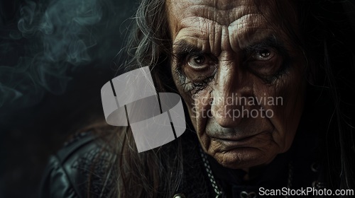 Image of Old Latino Man with Brown Straight Hair Goth style Illustration.