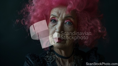 Image of Old Latino Woman with Pink Curly Hair Goth style Illustration.