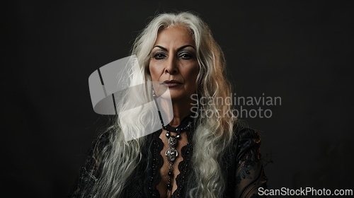 Image of Old Persian Woman with Blond Straight Hair Goth style Illustration.