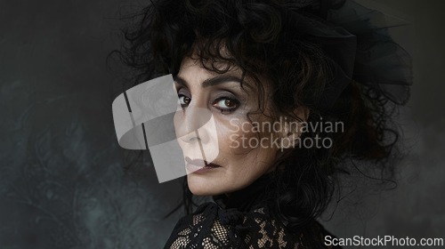 Image of Old Persian Woman with Brown Curly Hair Goth style Illustration.