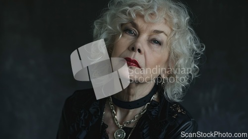 Image of Old White Woman with Blond Curly Hair Goth style Illustration.