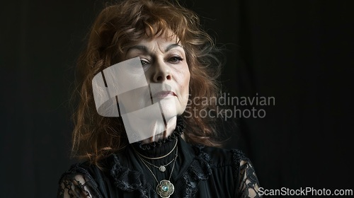 Image of Old White Woman with Brown Curly Hair Goth style Illustration.