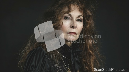 Image of Old White Woman with Brown Curly Hair Goth style Illustration.
