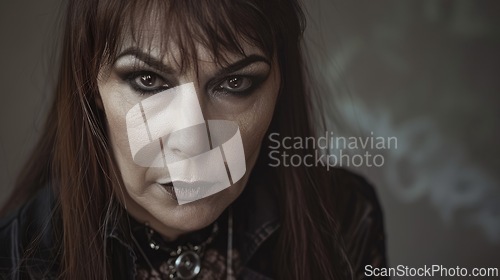 Image of Old White Woman with Brown Straight Hair Goth style Illustration.