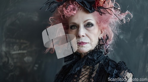Image of Old White Woman with Pink Curly Hair Goth style Illustration.