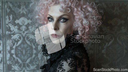Image of Old White Woman with Pink Curly Hair Goth style Illustration.