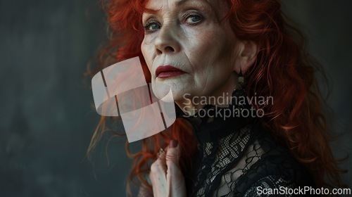 Image of Old White Woman with Red Curly Hair Goth style Illustration.