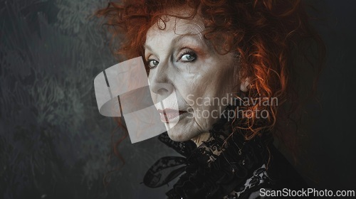 Image of Old White Woman with Red Curly Hair Goth style Illustration.