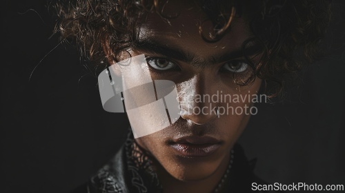 Image of Teen Black Man with Brown Curly Hair Goth style Illustration.