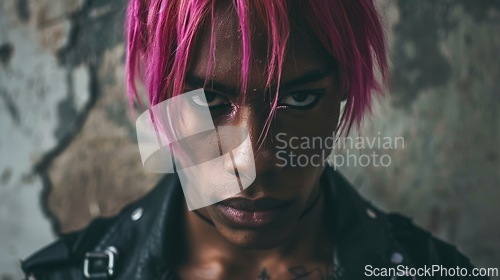 Image of Teen Black Man with Pink Straight Hair Goth style Illustration.