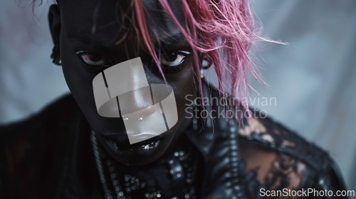 Image of Teen Black Man with Pink Straight Hair Goth style Illustration.