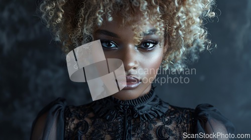 Image of Teen Black Woman with Blond Curly Hair Goth style Illustration.