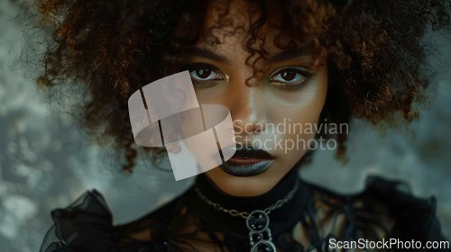 Image of Teen Black Woman with Brown Curly Hair Goth style Illustration.