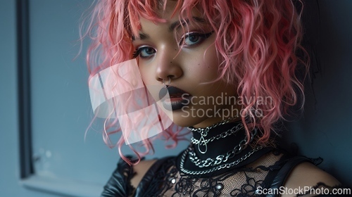 Image of Teen Black Woman with Pink Curly Hair Goth style Illustration.