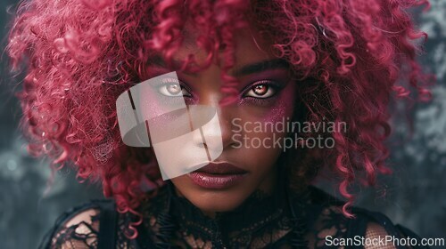 Image of Teen Black Woman with Pink Curly Hair Goth style Illustration.