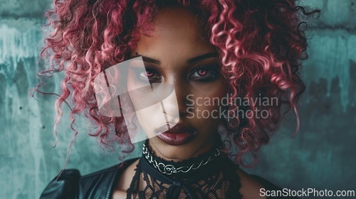 Image of Teen Black Woman with Pink Curly Hair Goth style Illustration.