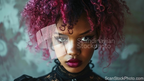 Image of Teen Black Woman with Pink Curly Hair Goth style Illustration.