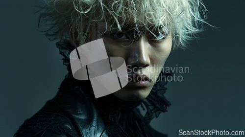 Image of Teen Chinese Man with Blond Curly Hair Goth style Illustration.