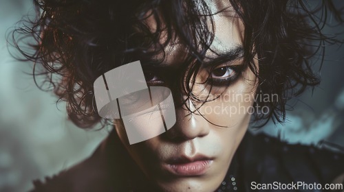 Image of Teen Chinese Man with Brown Curly Hair Goth style Illustration.
