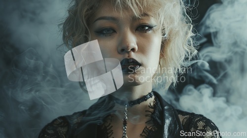 Image of Teen Chinese Woman with Blond Curly Hair Goth style Illustration.