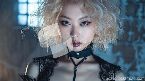 Image of Teen Chinese Woman with Blond Curly Hair Goth style Illustration.