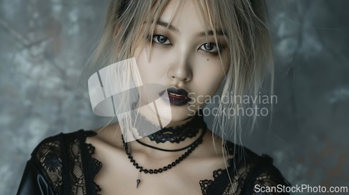 Image of Teen Chinese Woman with Blond Straight Hair Goth style Illustration.