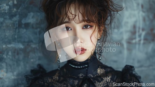 Image of Teen Chinese Woman with Brown Curly Hair Goth style Illustration.