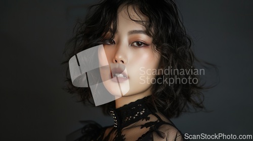 Image of Teen Chinese Woman with Brown Curly Hair Goth style Illustration.