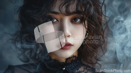 Image of Teen Chinese Woman with Brown Curly Hair Goth style Illustration.