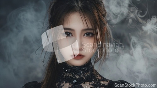 Image of Teen Chinese Woman with Brown Straight Hair Goth style Illustration.