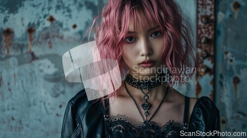 Image of Teen Chinese Woman with Pink Curly Hair Goth style Illustration.