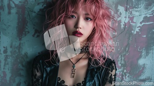 Image of Teen Chinese Woman with Pink Curly Hair Goth style Illustration.