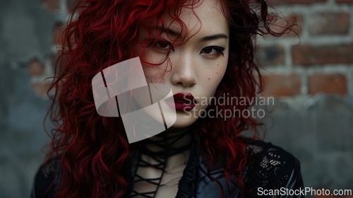 Image of Teen Chinese Woman with Red Curly Hair Goth style Illustration.